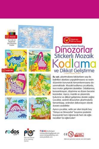 Dinozorlar Stickerlı Yapışkanlı Çıkartma Mozaik Kodlama ve Dikkat Geliştirme Oyun Seti